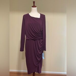 London Times Woman Draped Neck Long Sleeve Jersey Dress Purple Size 16